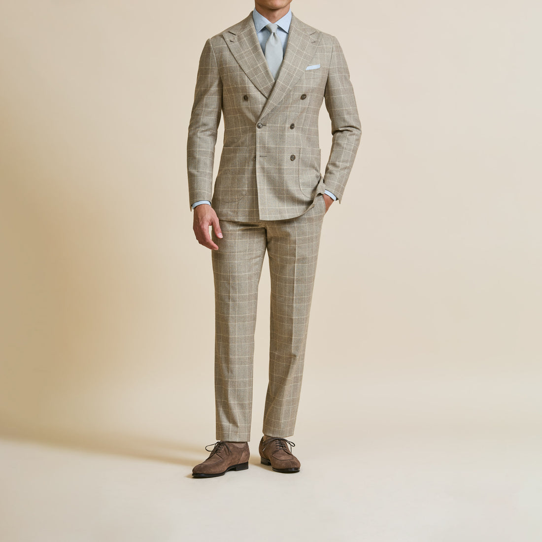 Suit - Taupe s130 Wool Faux Uni with Tonal Windowpane 5917