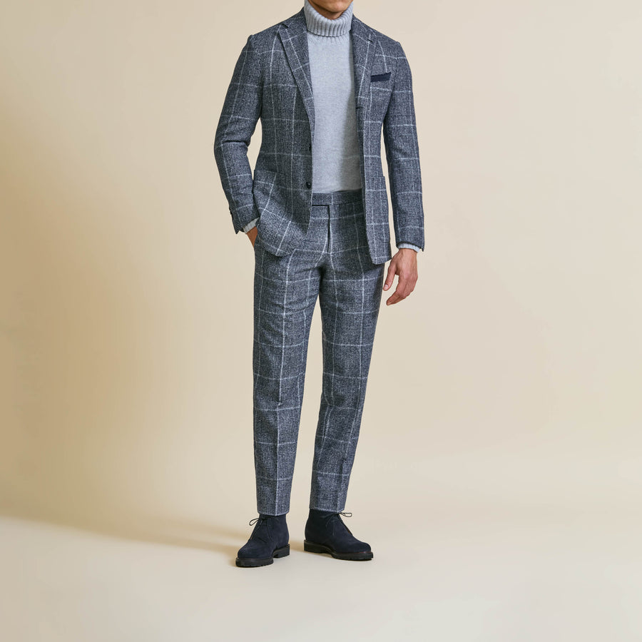 Suit - Navy Blue Alpaca Wool Blend Glencheck with Light Windowpane 5953