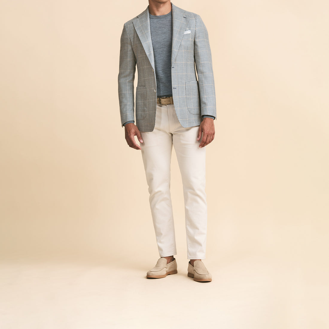 Sport Coat - Storm Blue-Ivory Wool-Silk-Linen Houndstooth with Sand Windowpane 9124